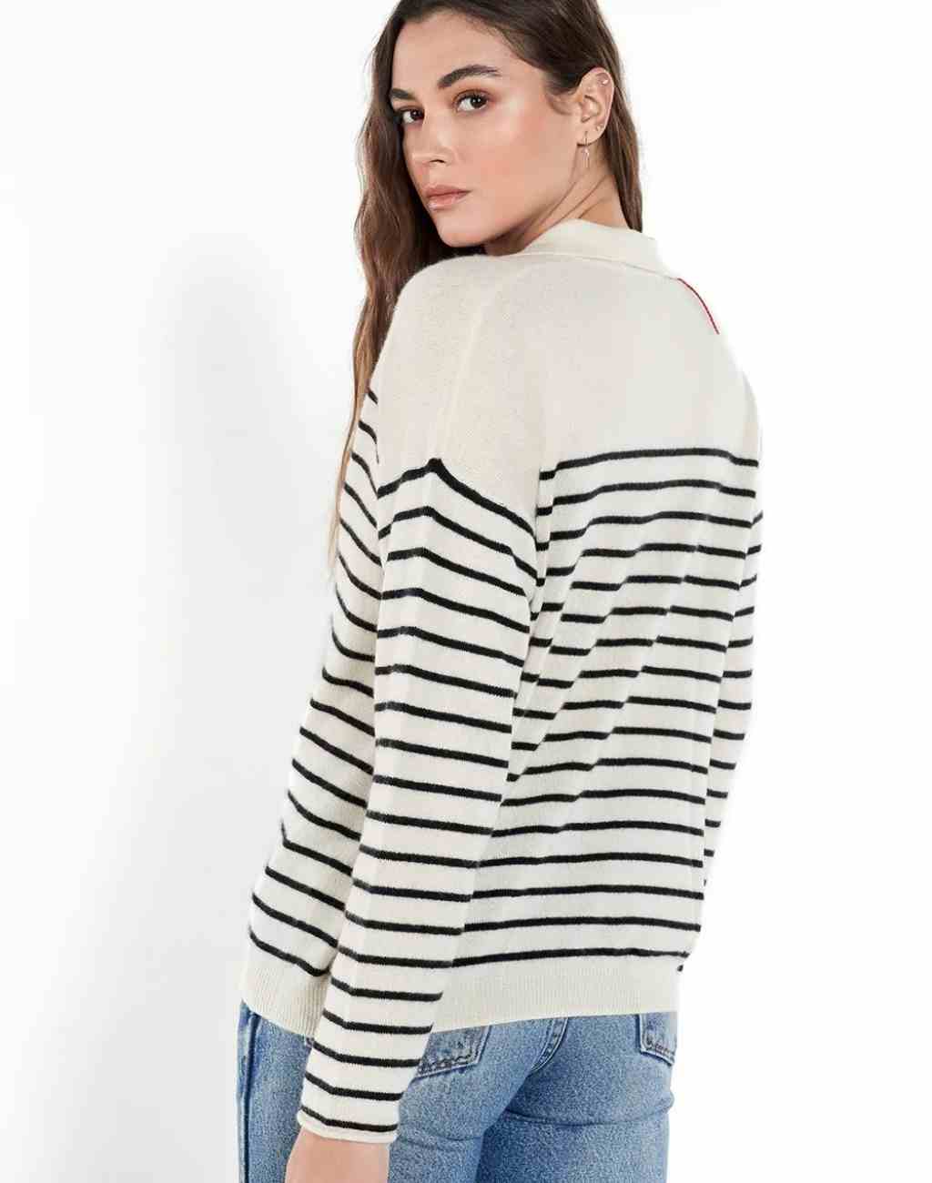 Striped Cashmere Eddie Sweater with V-Neck and Collar