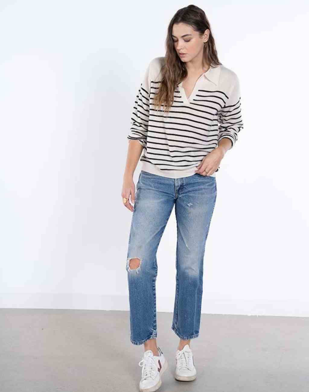 Striped Cashmere Eddie Sweater with V-Neck and Collar