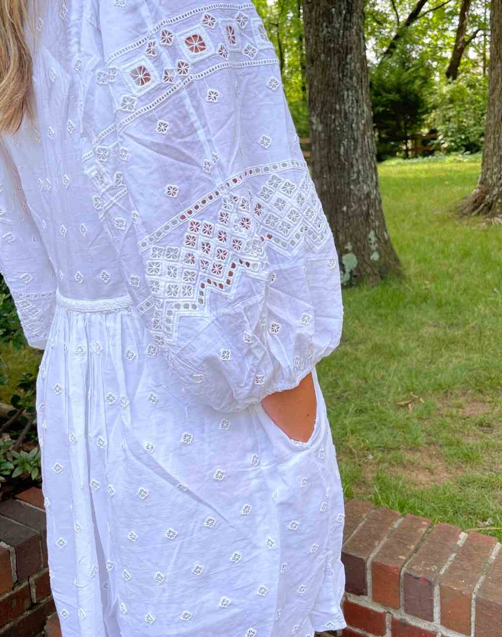 Vintage Inspired Crisp White Short Dress with Broderie Anglaise Details