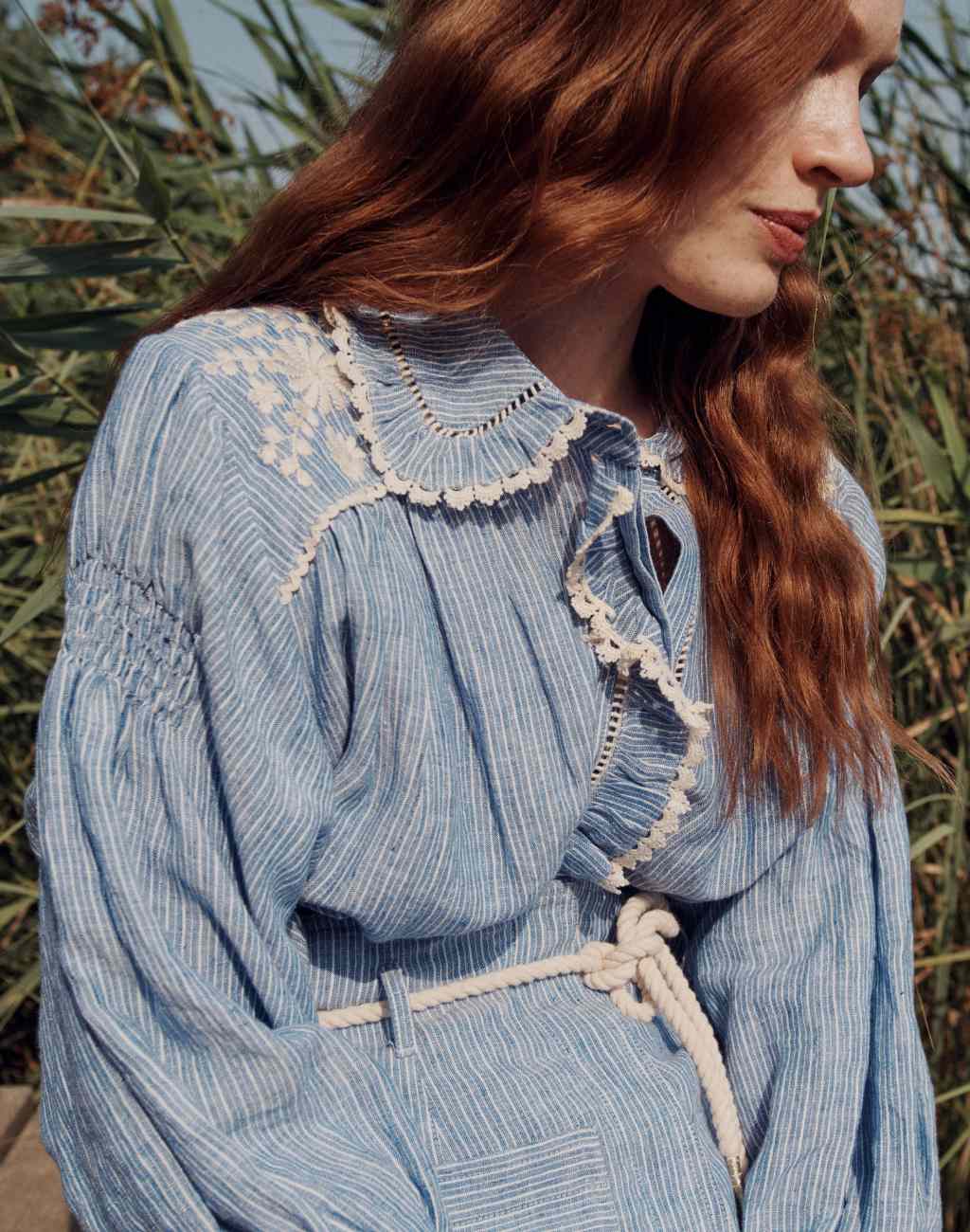 Linen Striped Gil Blouse with Embroidery and Lace - Visit Nifty Louise Misha 
