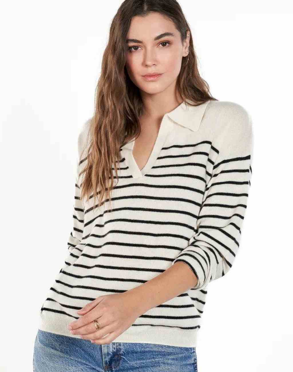 Striped Cashmere Eddie Sweater with V-Neck and Collar - Visit Nifty ParrishLA 