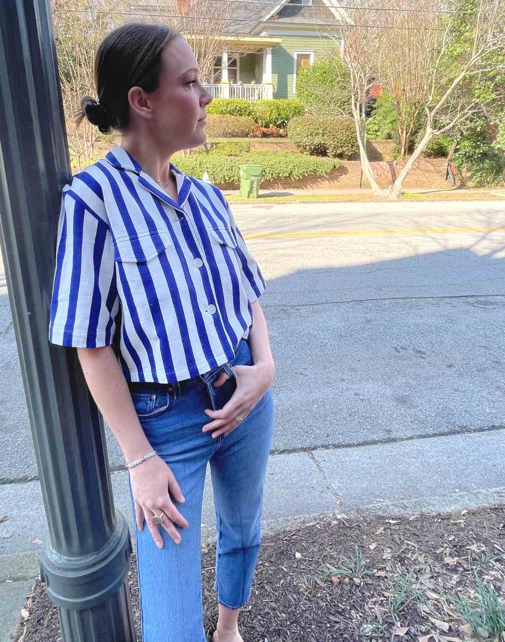Hand Woven Striped Cropped Top or Jacket | Blue & White | Button Front - Visit Nifty Mii 