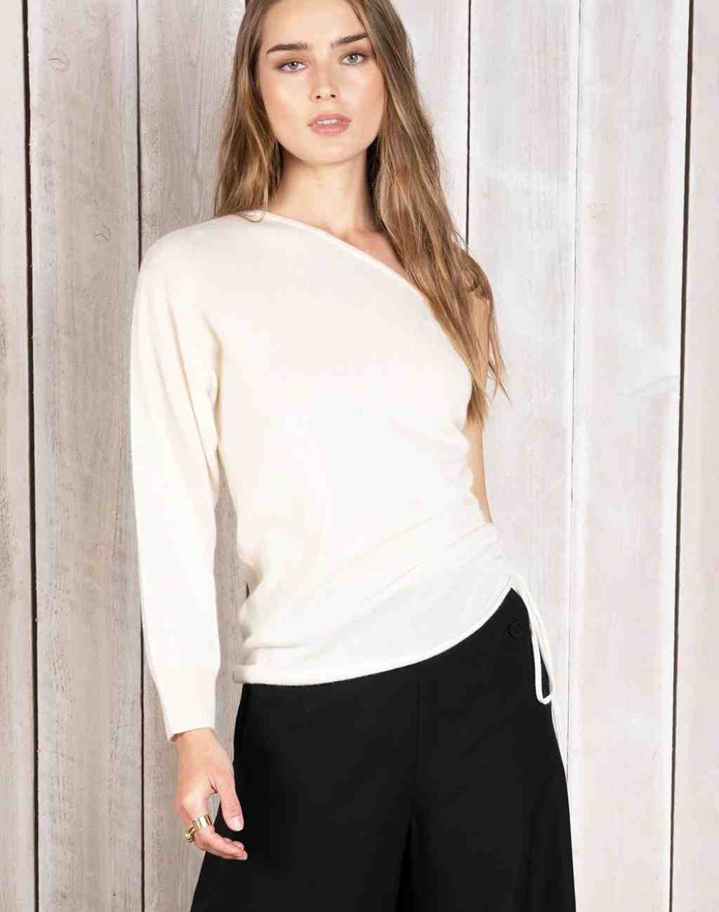 Cashmere Brigette Sweater with One Shoulder and Drawstring on Side - Visit Nifty ParrishLA 