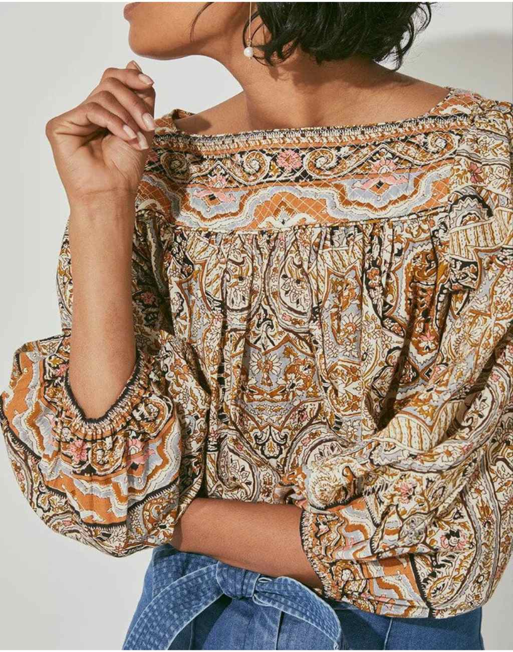 Paisley Print Teagan Blouse with Quilted Square Neck and Balloon Sleeves