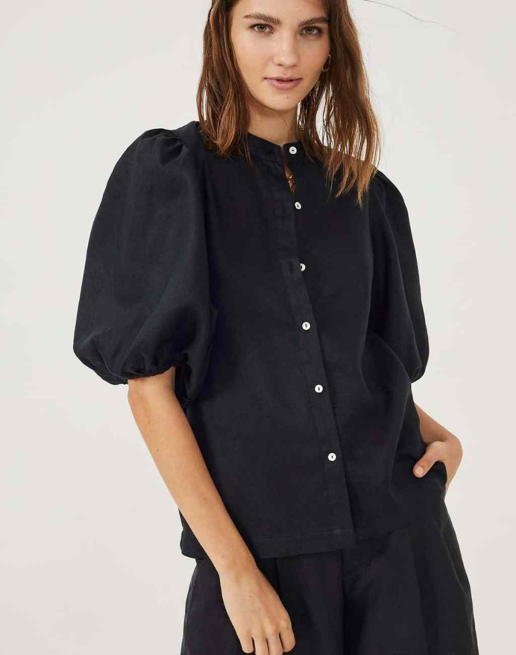 Black linen blouse with button front-puffed sleeves-Lanhtropy-Nifty