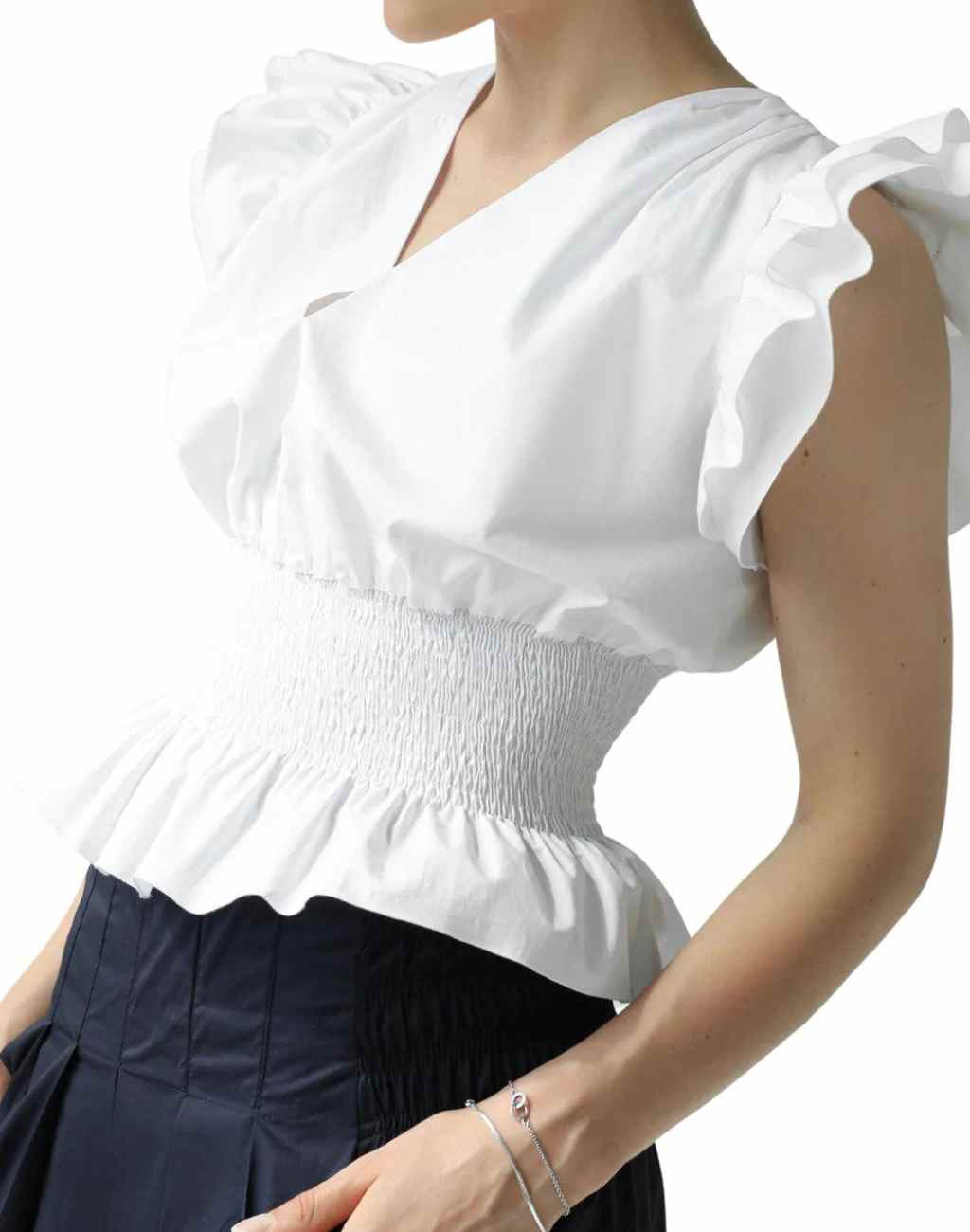 White Cathy Top with Tiered Ruffle Sleeves and Smocked Waist