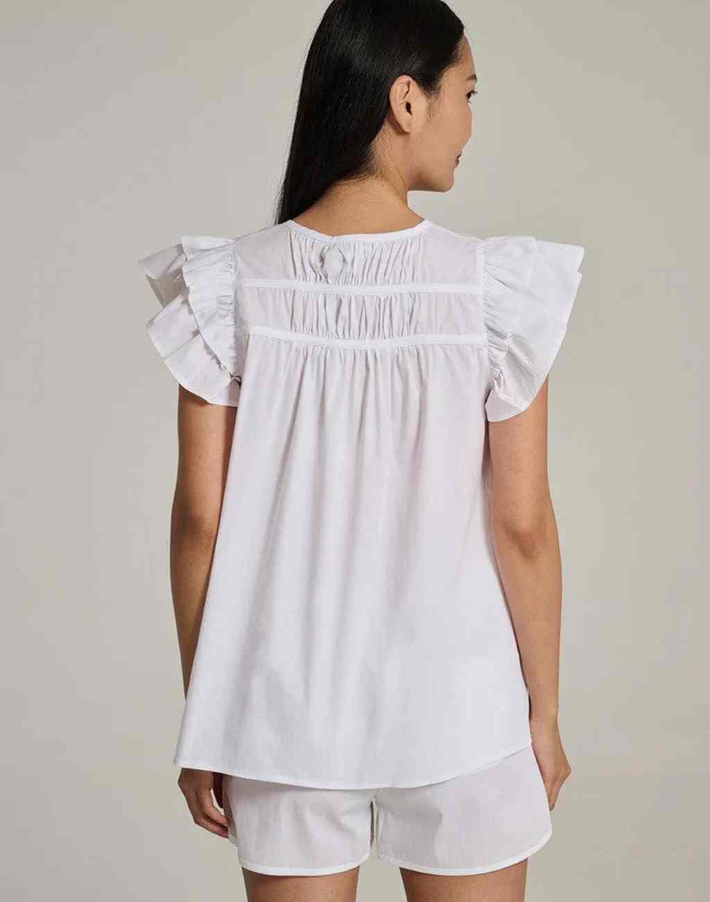 Kunzitis Blouse with Tiered Flutter Sleeves, Pintuck Details and Ties | Beige or White - Visit Nifty Devotion Twins 