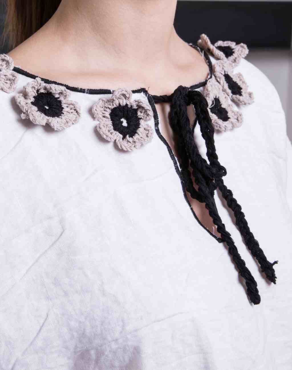 White loulou Linen Blouse with Balloon Sleeves | Black and Beige Crocheted Flowers - Visit Nifty Nina Leuca 