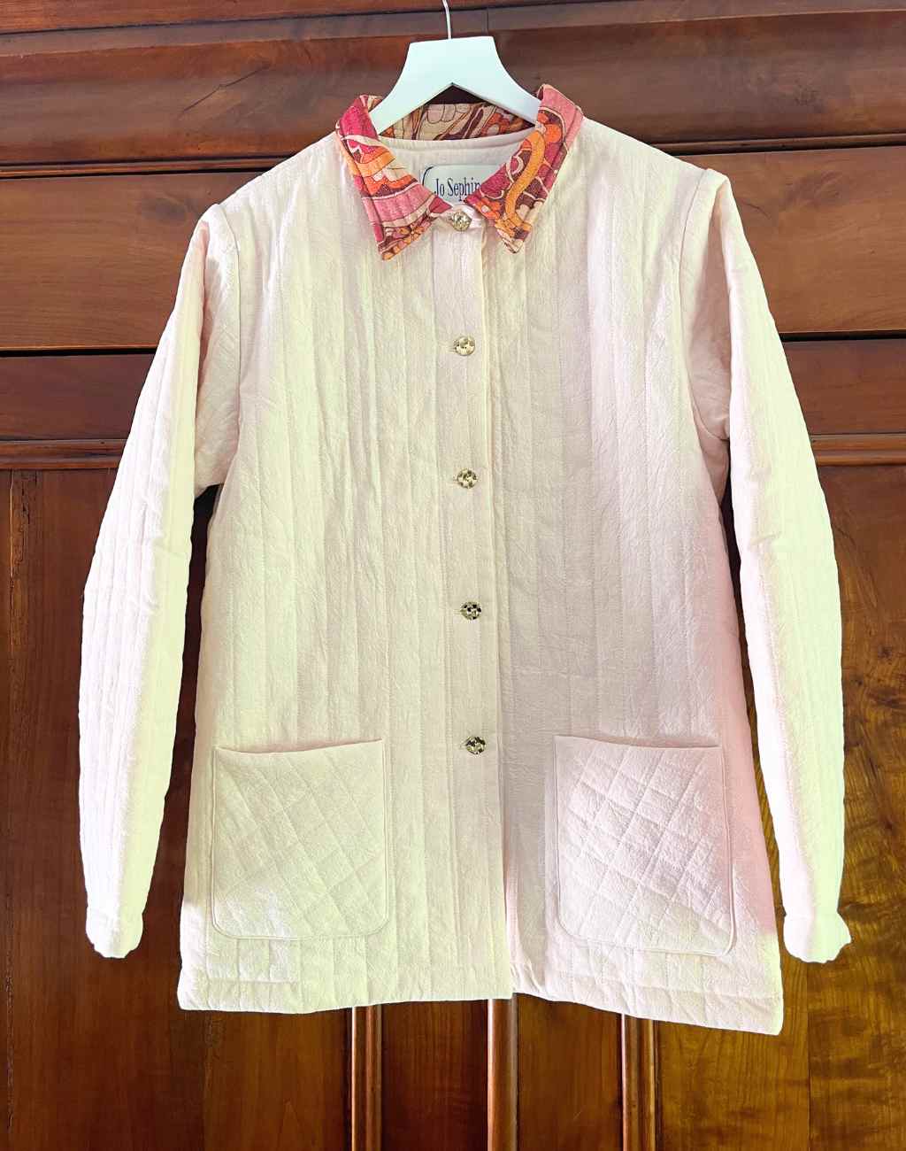 Pale Pink Quilted Jacket with Gold Buttons and 1970&#39;s esque Paisley Print Collar