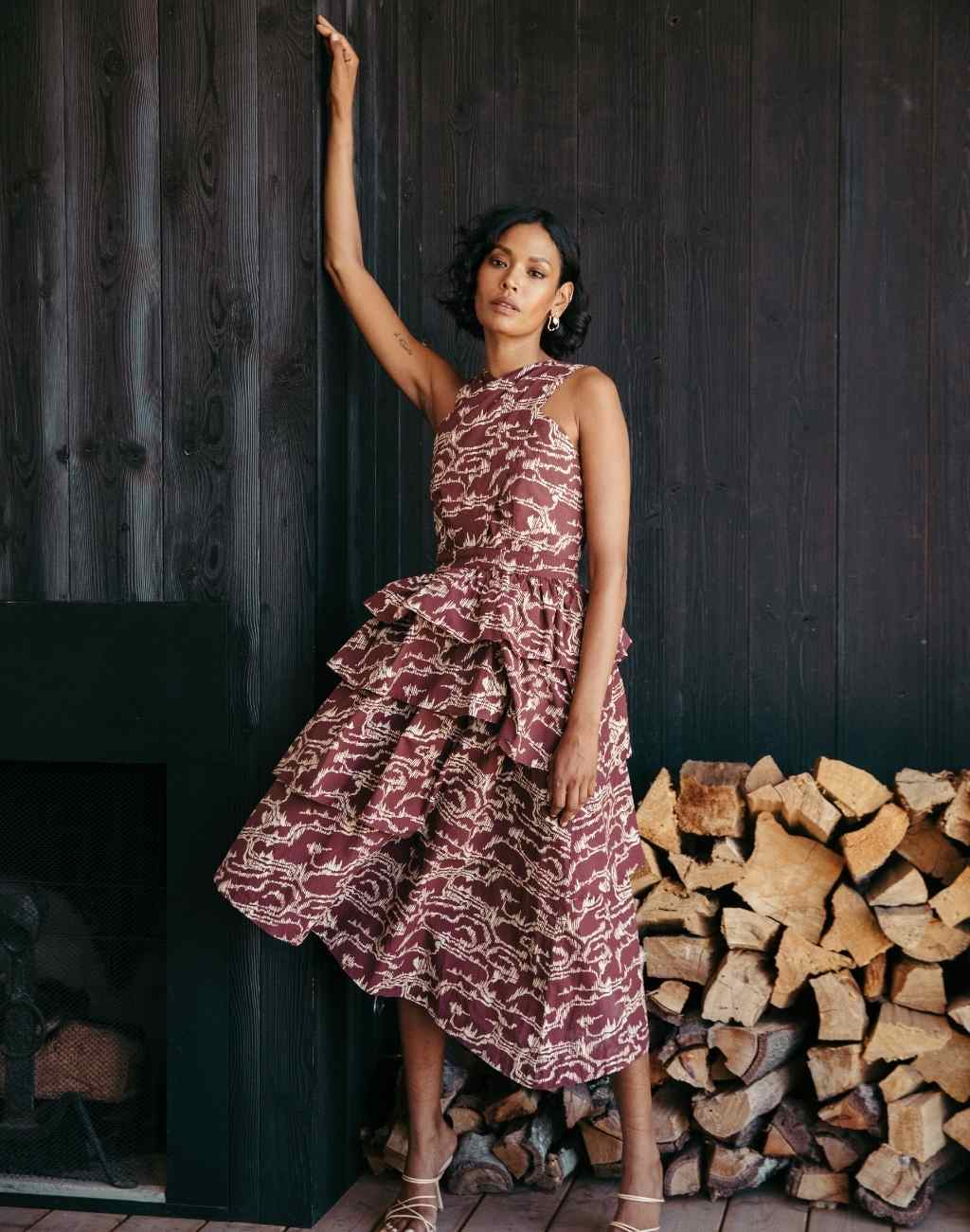 Ikat Print Carson Midi Dress | Tiered Skirt | Halter Cross Front Straps