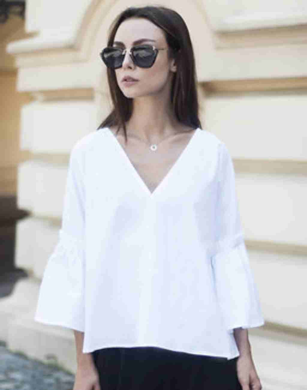Classic White Poplin Molly Blouse with V-Neck | Pleated Flared Sleeves
