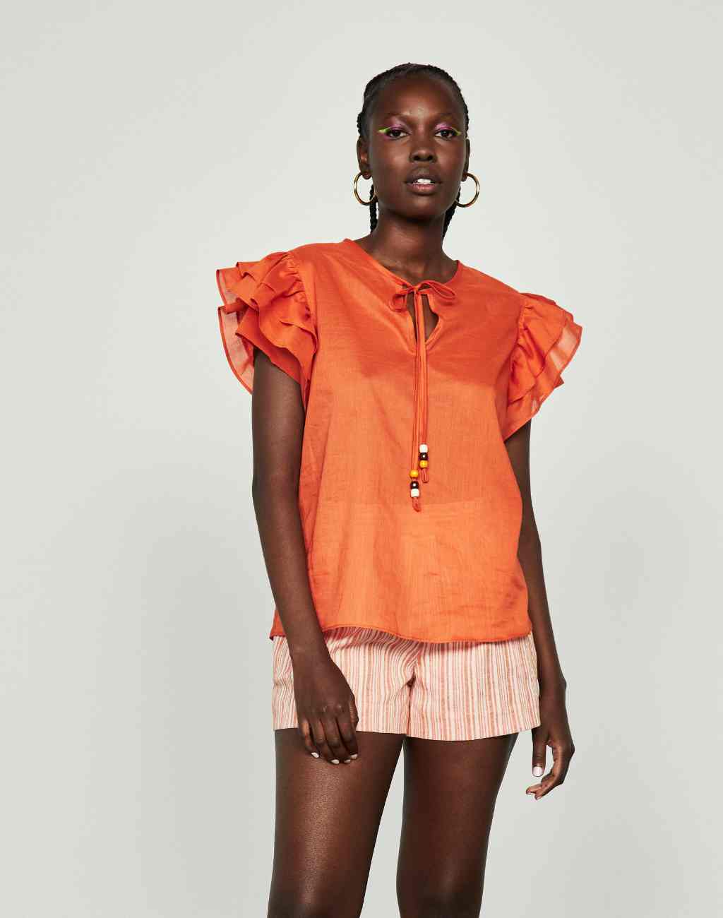 Papaya Amory Top with Flutter Sleeves and Neck Tie With Beads
