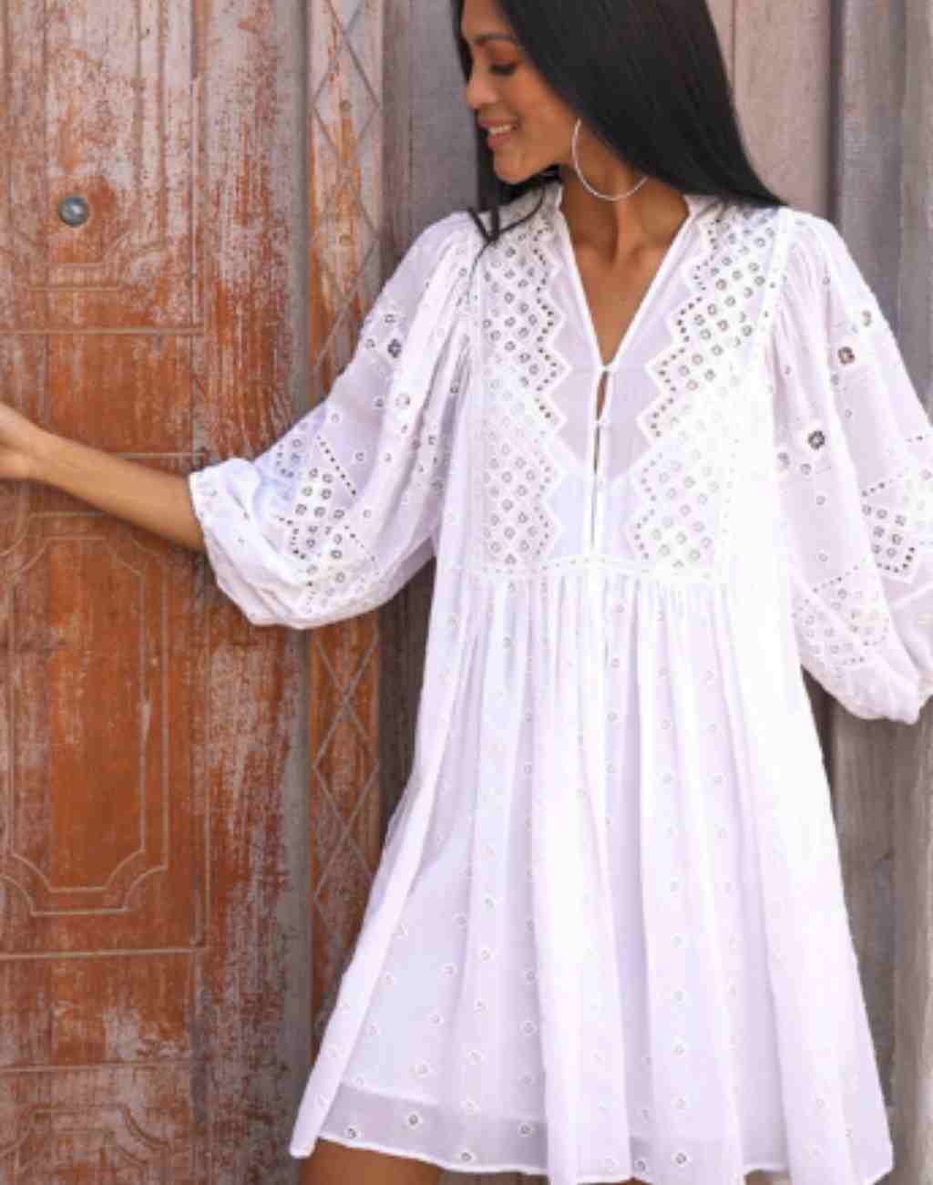 Vintage Inspired Crisp White Short Dress with Broderie Anglaise Details