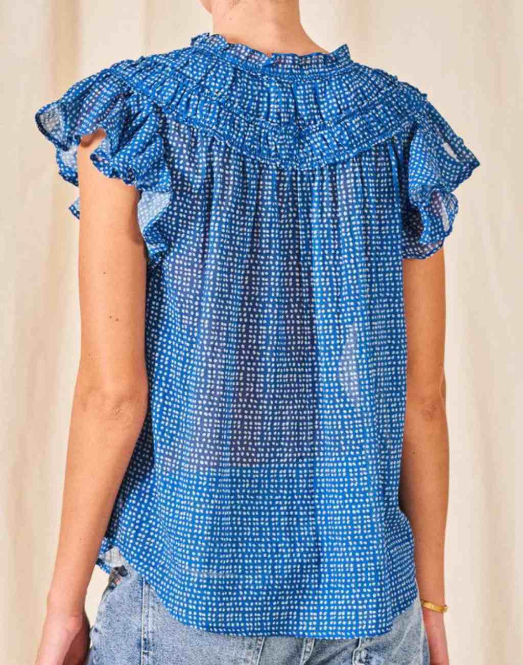 Indigo Dot Print Dali Top with Flutter Sleeves