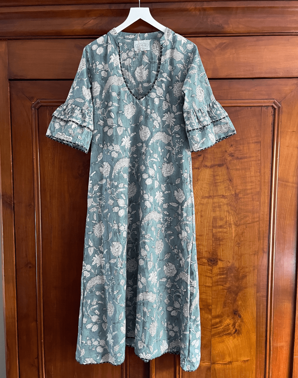 Block Print Penang Midi Dress with V-Neck and Double Tier Sleeves - Visit Nifty LIDO 