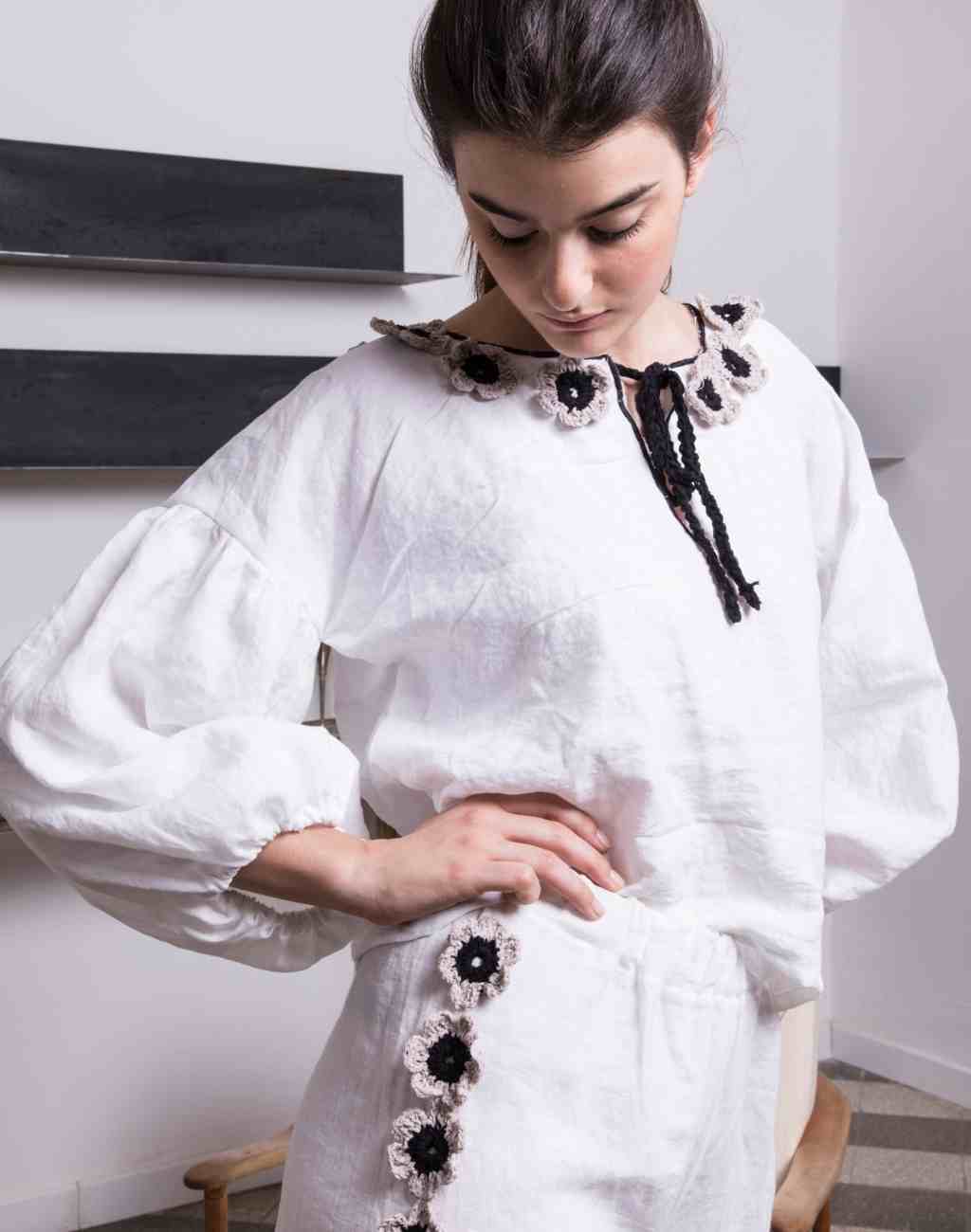 White loulou Linen Blouse with Balloon Sleeves | Black and Beige Crocheted Flowers