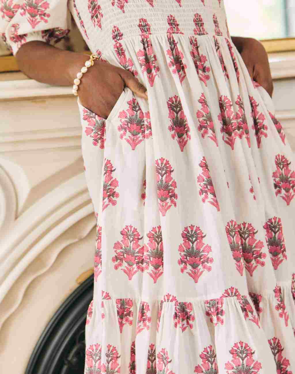 Botanical Block Print Elsie Dress with Shirred Bodice and Puffed Sleeves