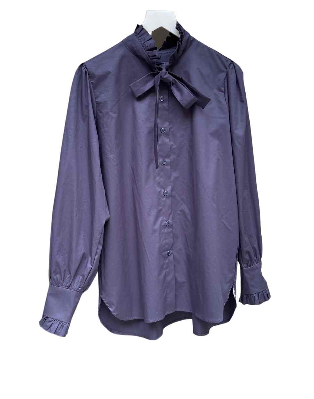 Classic Navy Diane Blouse with Tie and Ruffle at Neck | Long Sleeves with Ruffled Cuff