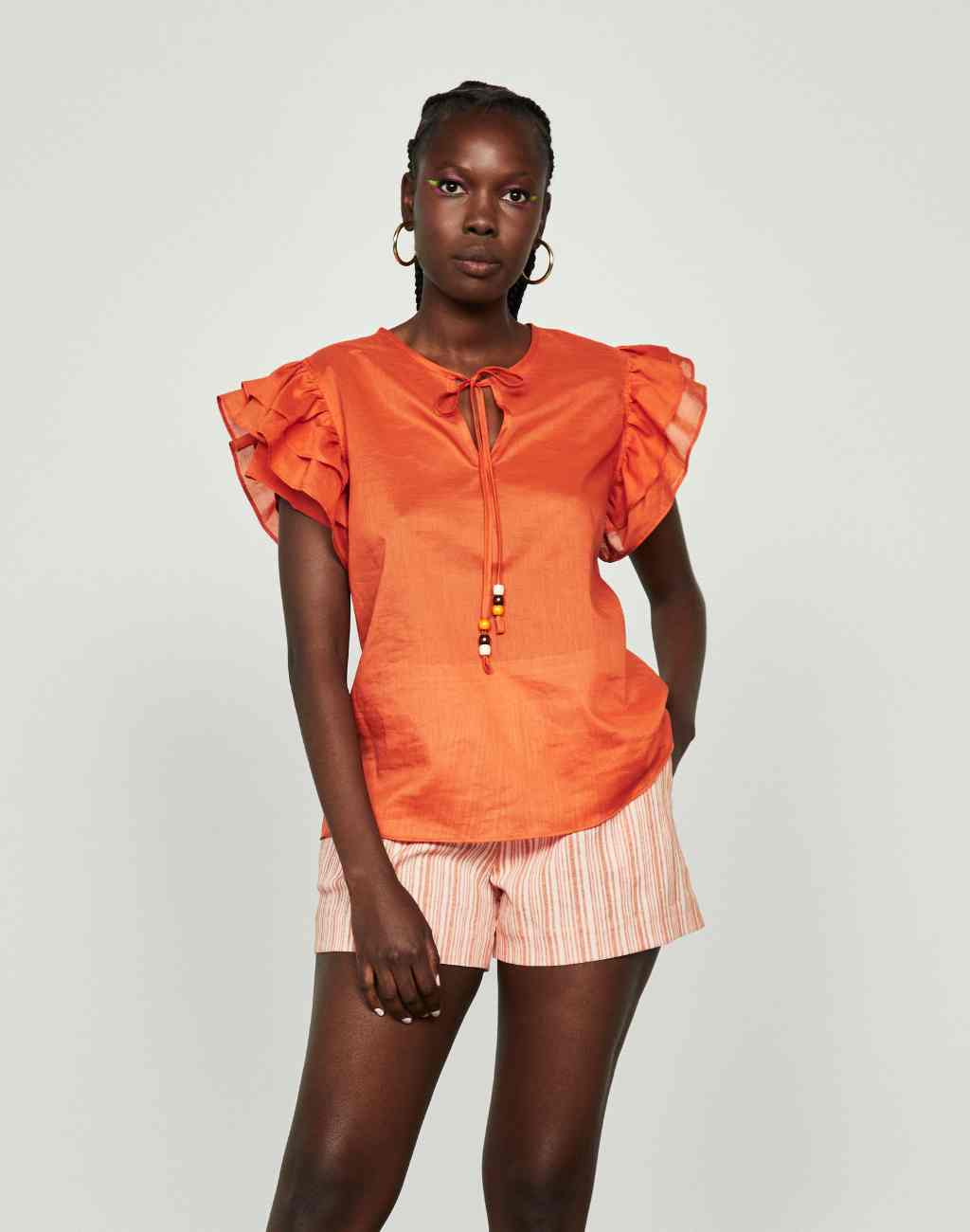 Papaya Amory Top with Flutter Sleeves and Neck Tie With Beads