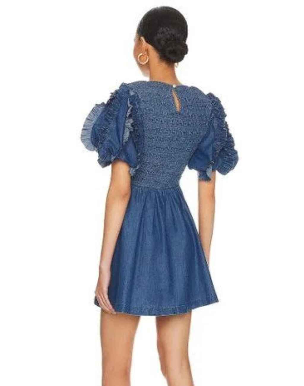Chambray Mini Mya Dress with Smocked Bodice and Puffed Ruffle Sleeves