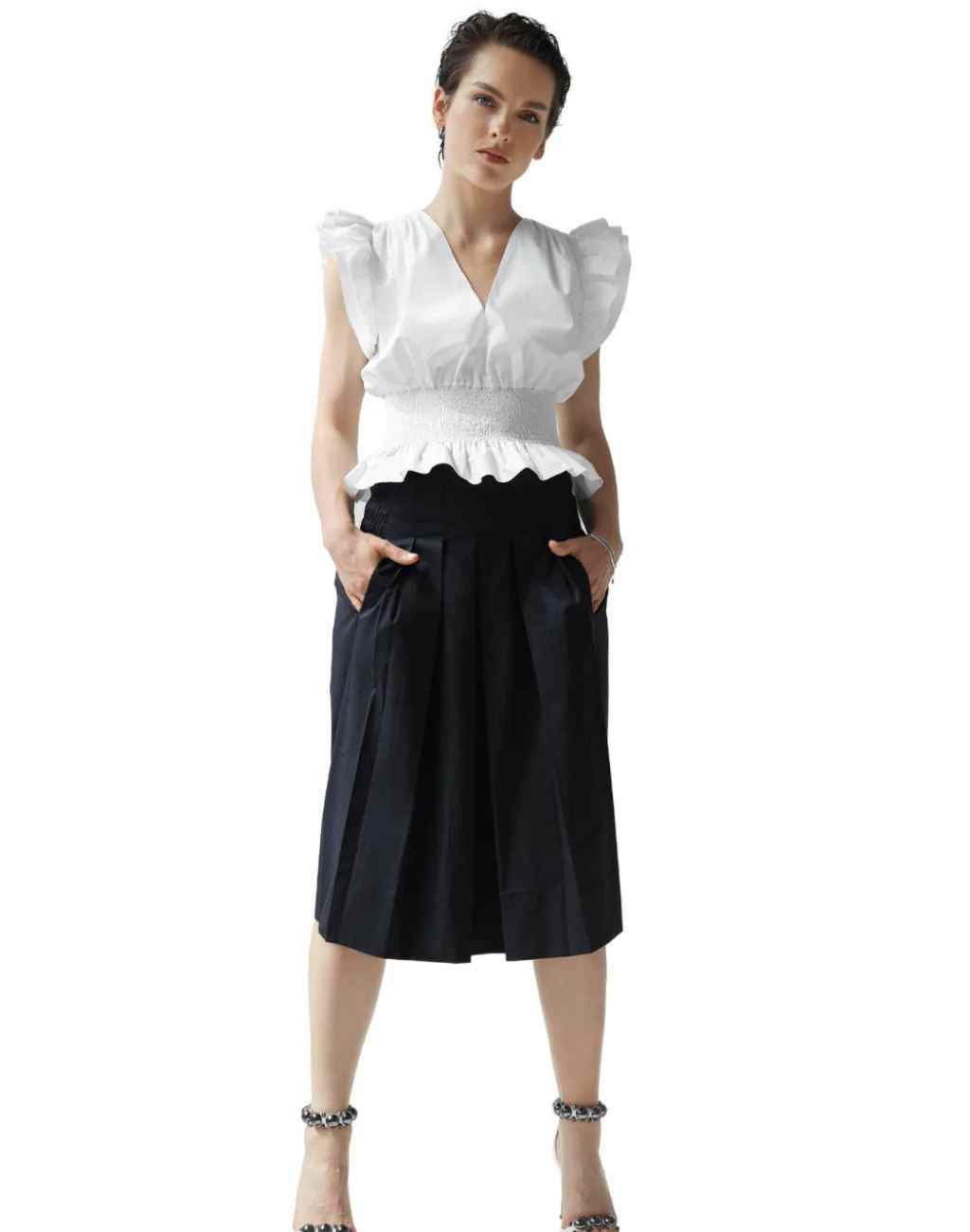 White Cathy Top with Tiered Ruffle Sleeves and Smocked Waist
