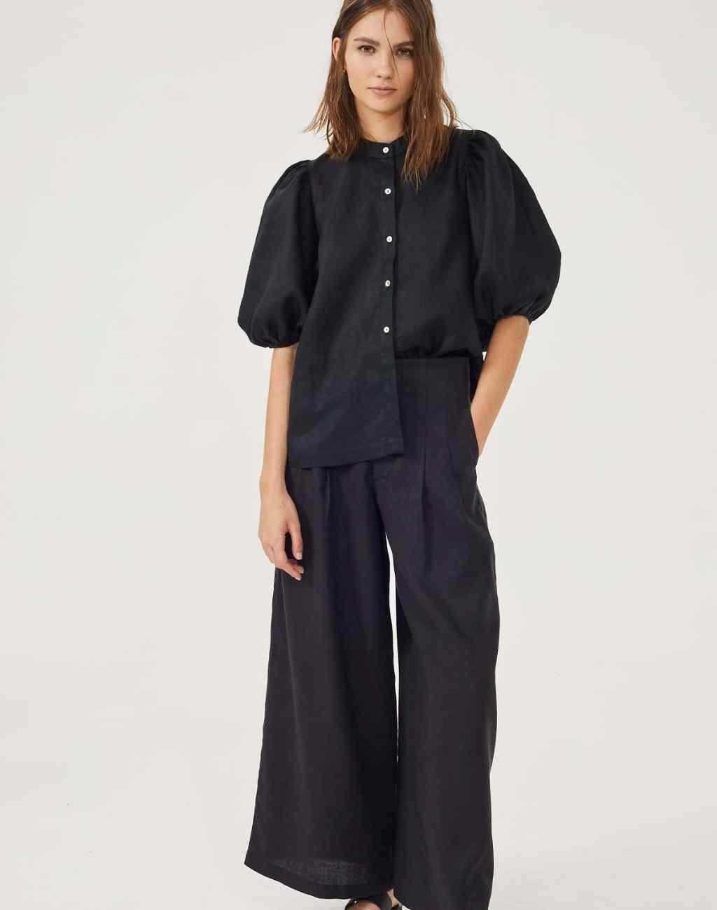 Puffed Sleeve Black Linen Top | Feminine and Flattering | Button Front - Visit Nifty Lanhtropy 