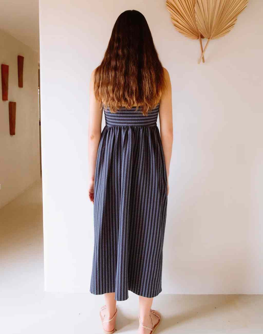 Blue Striped Seersucker Sundress with Tie Front and Spaghetti Straps