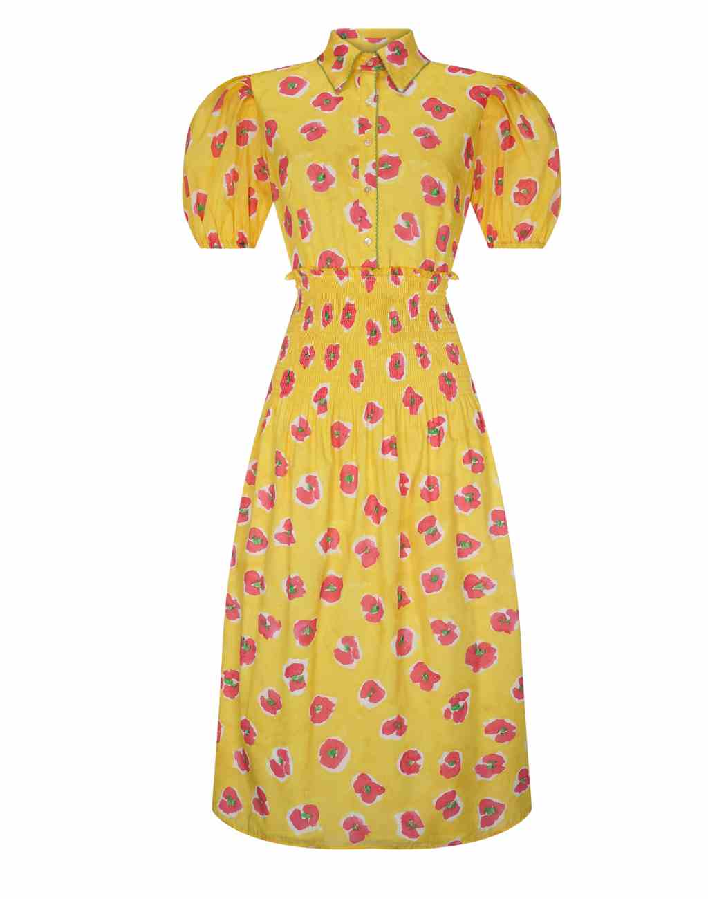 Begonia Print Mote Dress with Puffed Sleeves and Shirred Waist