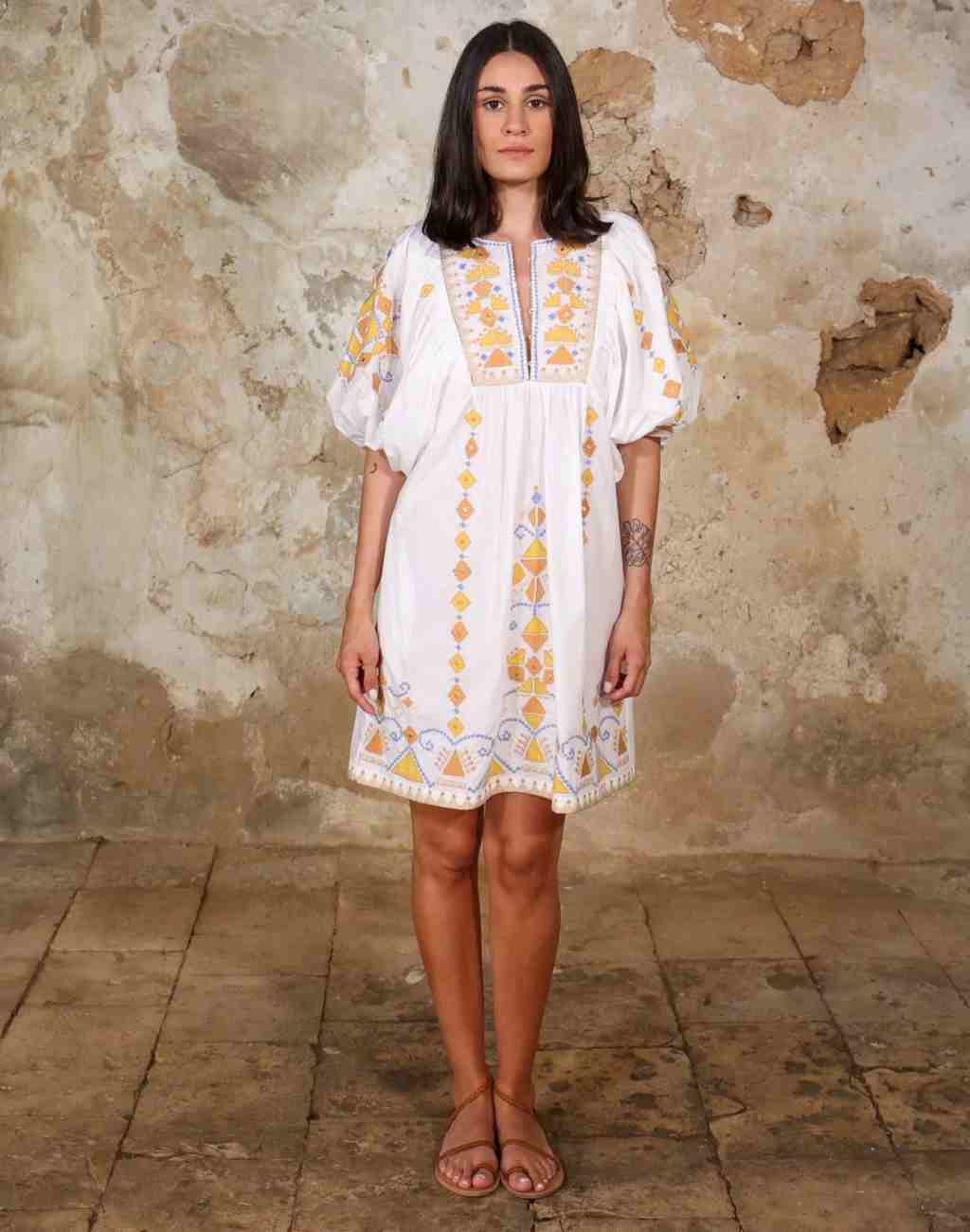 Embroidered and Appliqued White Poplin Short Dress