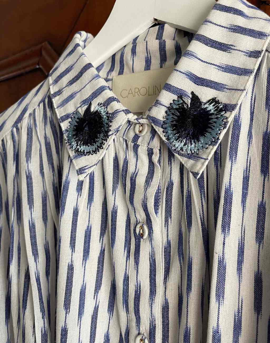 Ikat Blue Kaftan | Embroidered Flowers on Puffed Sleeves | Side Pockets - Visit Nifty Carolina K 
