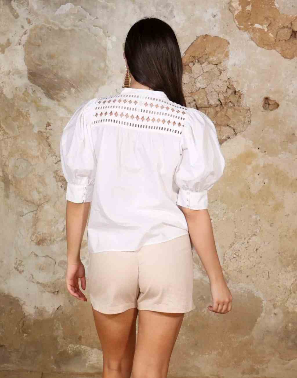 White Cotton Poplin Top with Puffed Sleeves and Handcrafted Origami Cutout Artwork