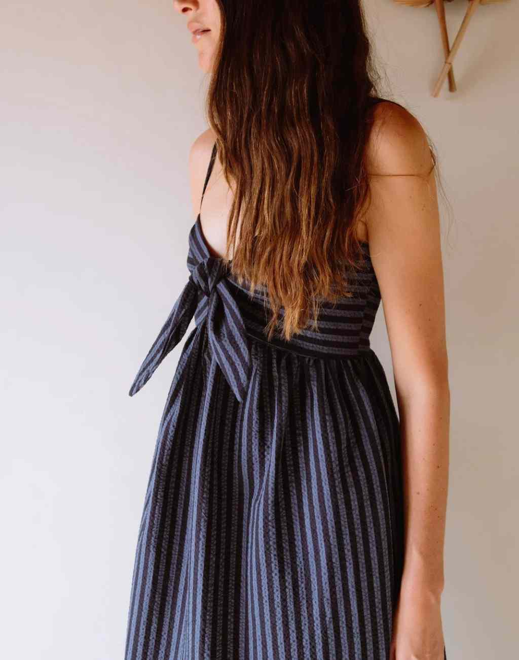 Blue Striped Seersucker Sundress with Tie Front and Spaghetti Straps