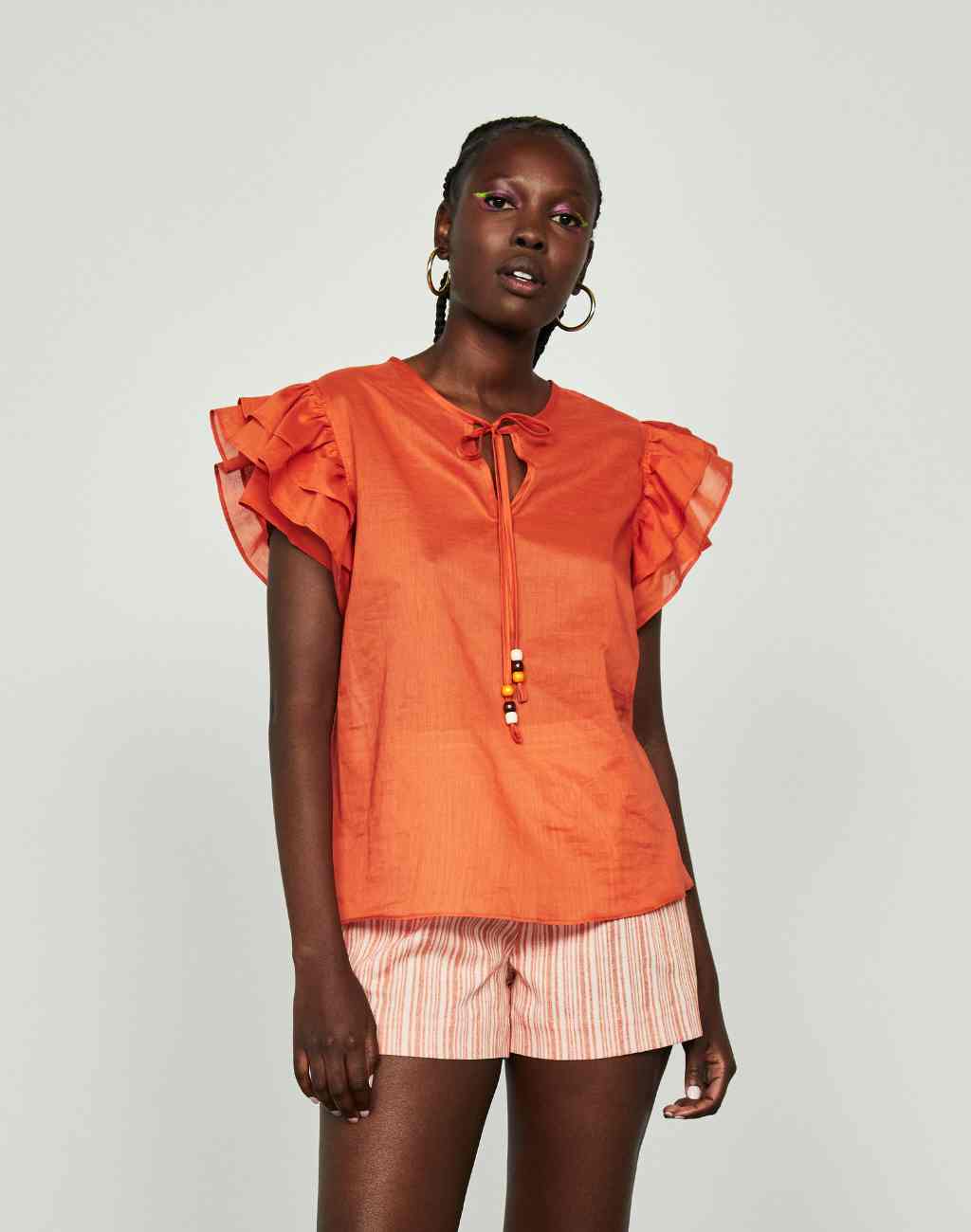 Papaya Amory Top with Flutter Sleeves and Neck Tie With Beads