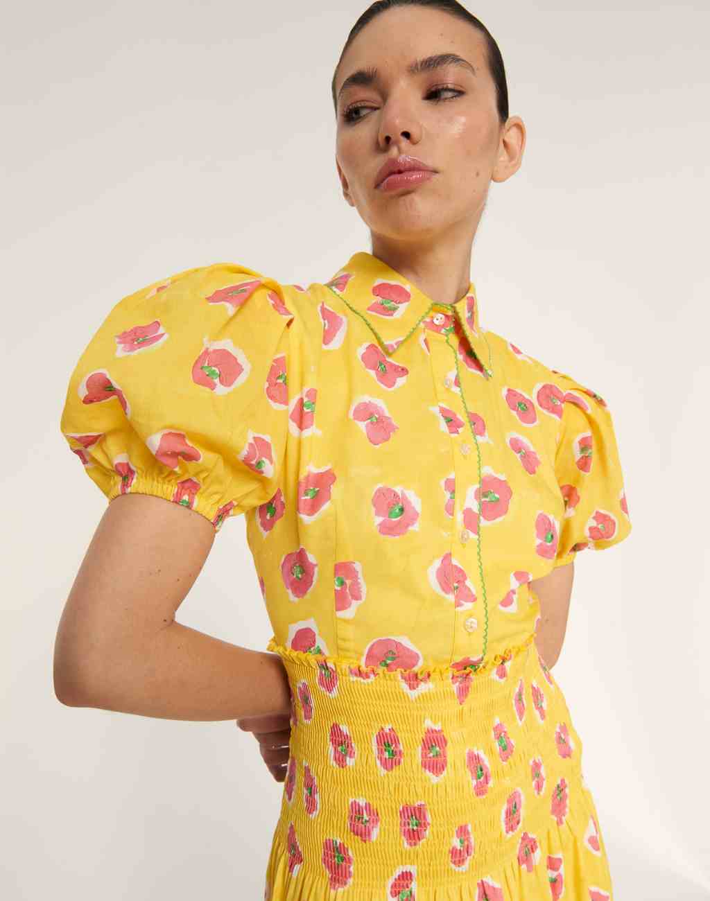 Begonia Print Mote Dress with Puffed Sleeves and Shirred Waist