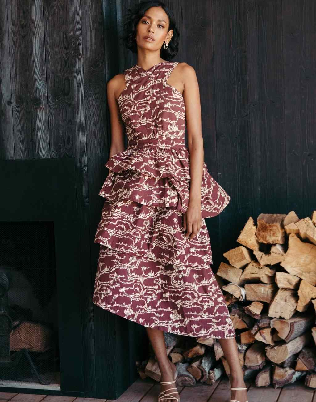 Ikat Print Carson Midi Dress | Tiered Skirt | Halter Cross Front Straps