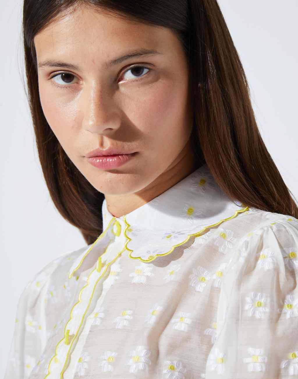 White Blouse with Whimsical Daisy Embroidery and Daisy Buttons