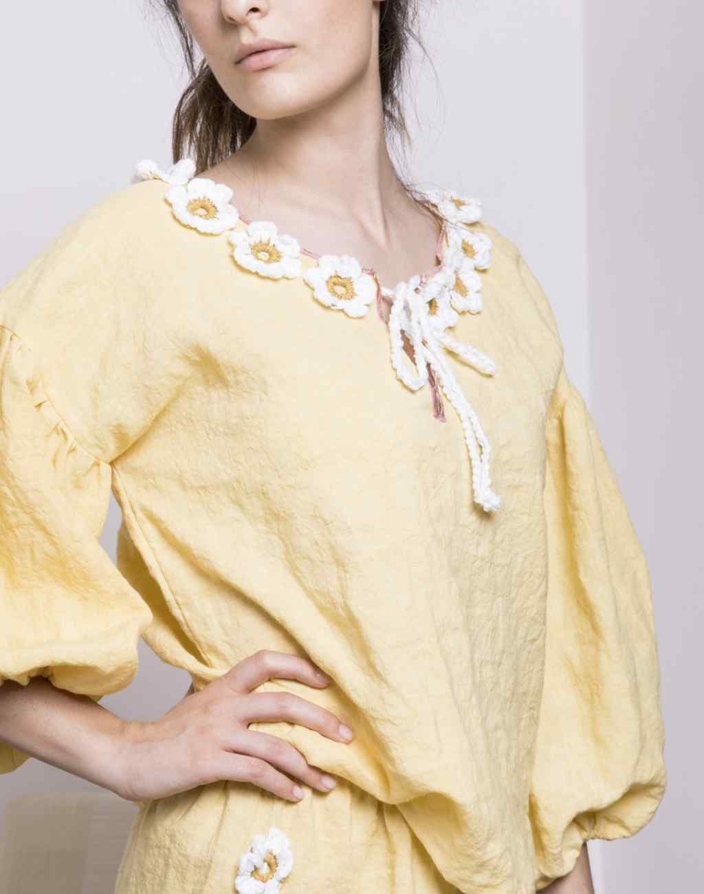 Yellow loulou Linen Blouse with Crocheted Daisies and Tie | Balloon Sleeves