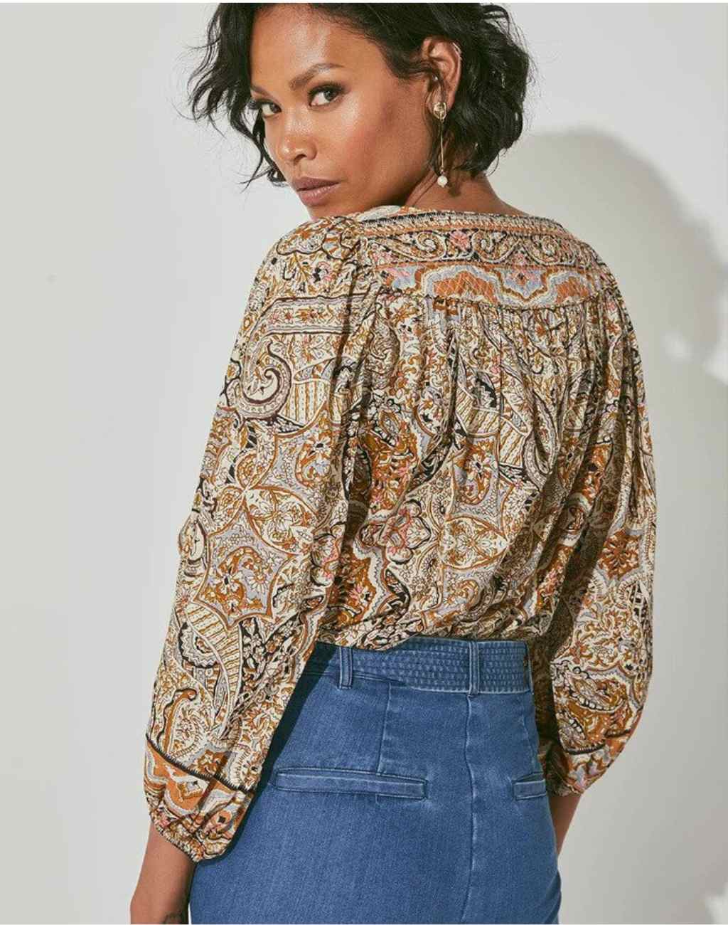 Paisley Print Teagan Blouse with Quilted Square Neck and Balloon Sleeves