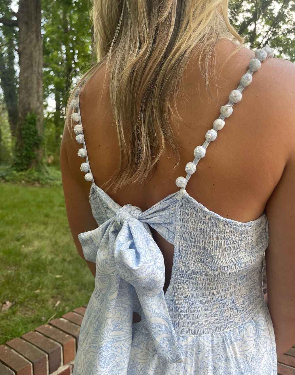 Maxi Dress with Tie Back | Pleated Bust Area | Handmade Pom-Pom Shoulder Straps