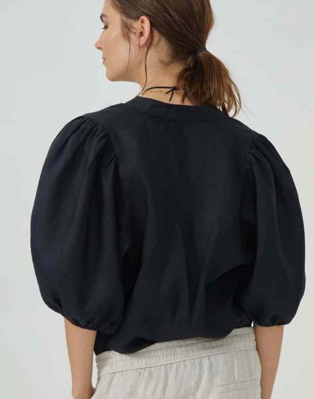 Back of a black linen blouse with button front-puffed sleeves-Lanhtropy-Nifty