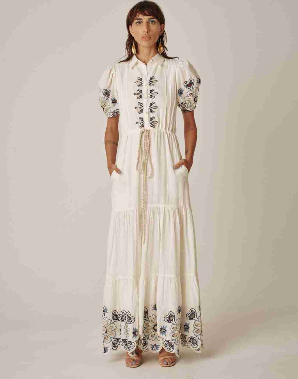 Gardenia Geo Dress with Cut-Out Embroidery | Tiered Maxi Skirt | Drawstring Rope Waist