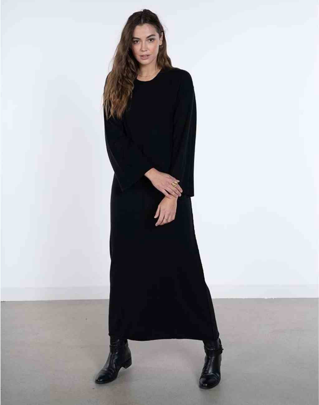 Cotton/Cashmere A-Line Zoe Maxi Caftan | Bell Sleeve | Slim Fit