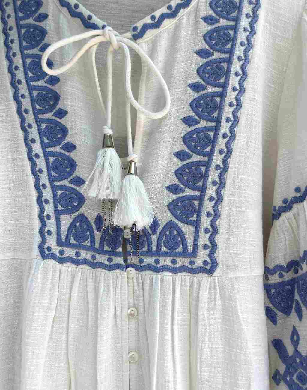 White Boho Mini Dress with Blue Embroidery