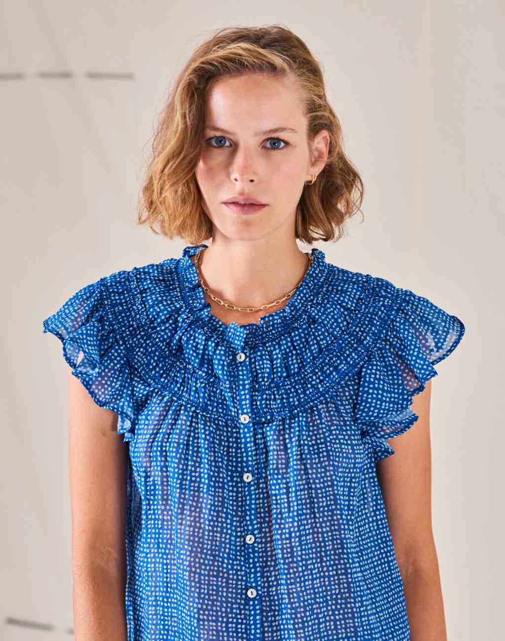 Indigo Dot Print Dali Top with Flutter Sleeves