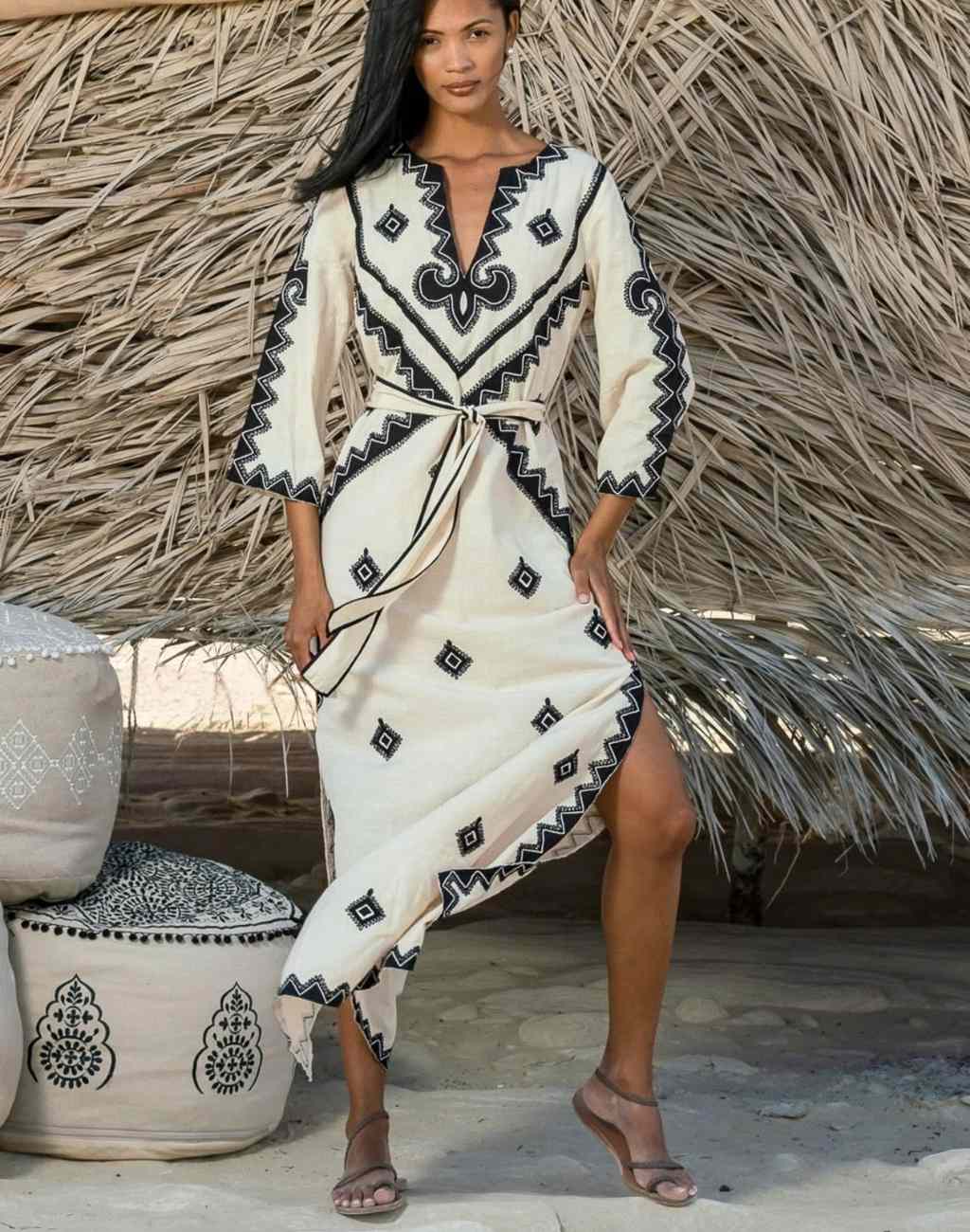 Appliqued and Embroidered Maxi Caftan Dress