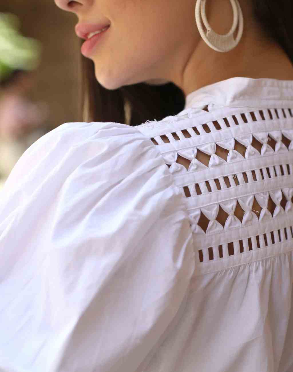 White Cotton Poplin Top with Puffed Sleeves and Handcrafted Origami Cutout Artwork - Visit Nifty Scarlett Poppies 