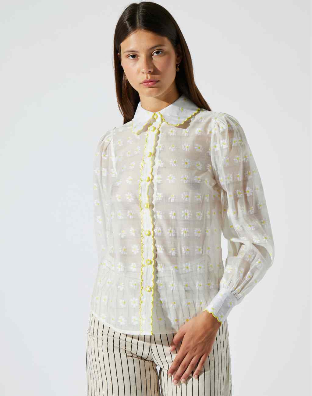 White Blouse with Whimsical Daisy Embroidery and Daisy Buttons