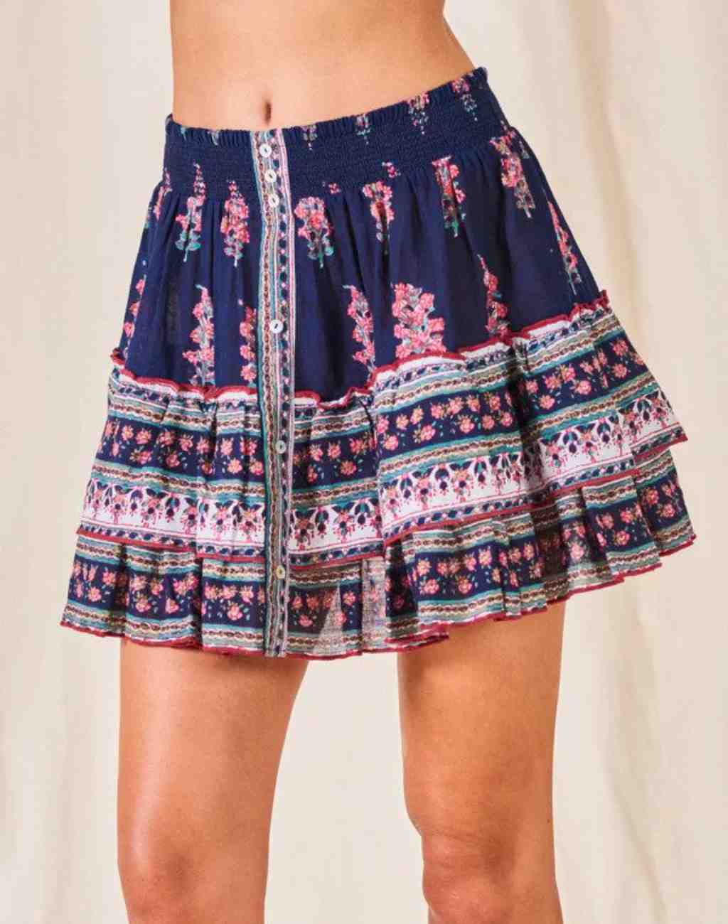 Block Print Flori Mini Skirt with Ruched Waist
