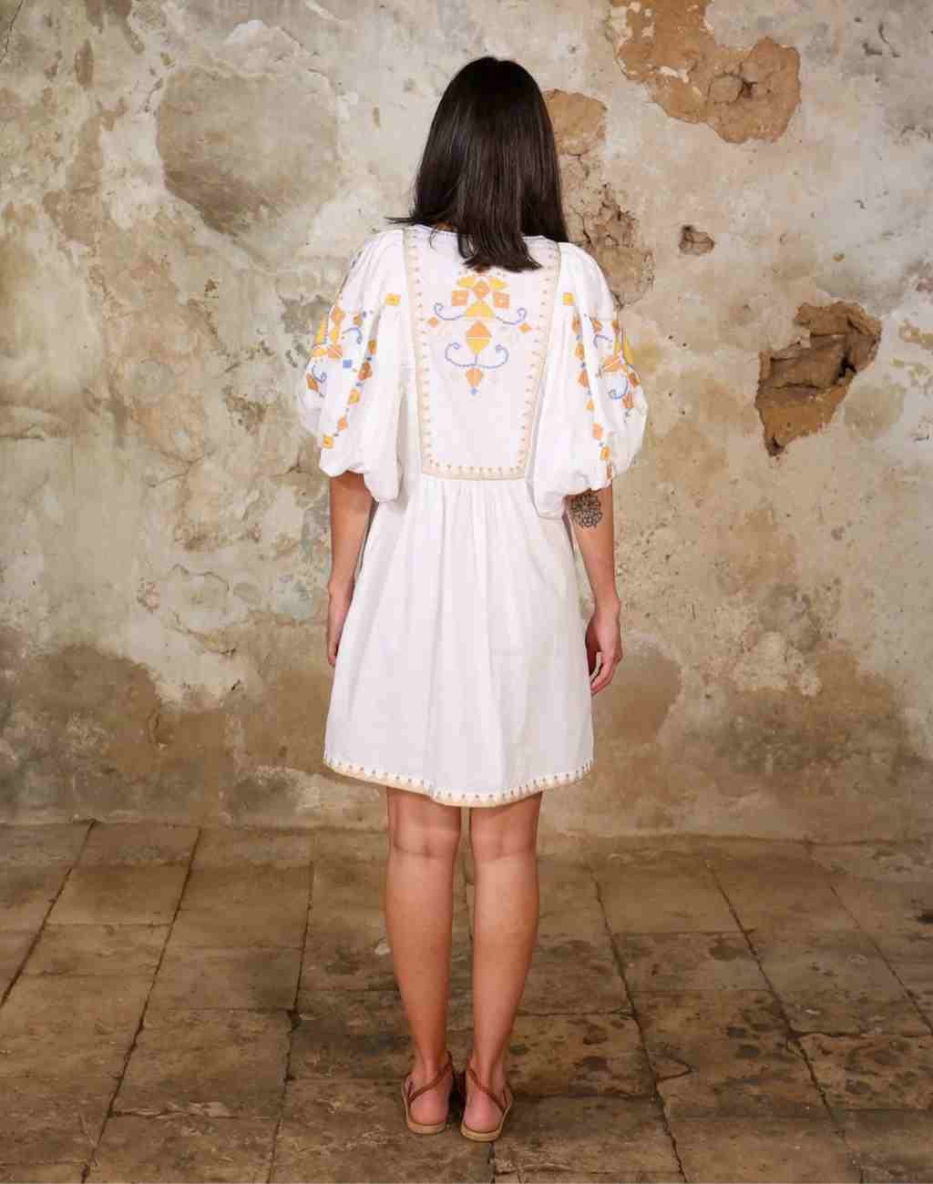 Embroidered and Appliqued White Poplin Short Dress - Visit Nifty Scarlett Poppies 