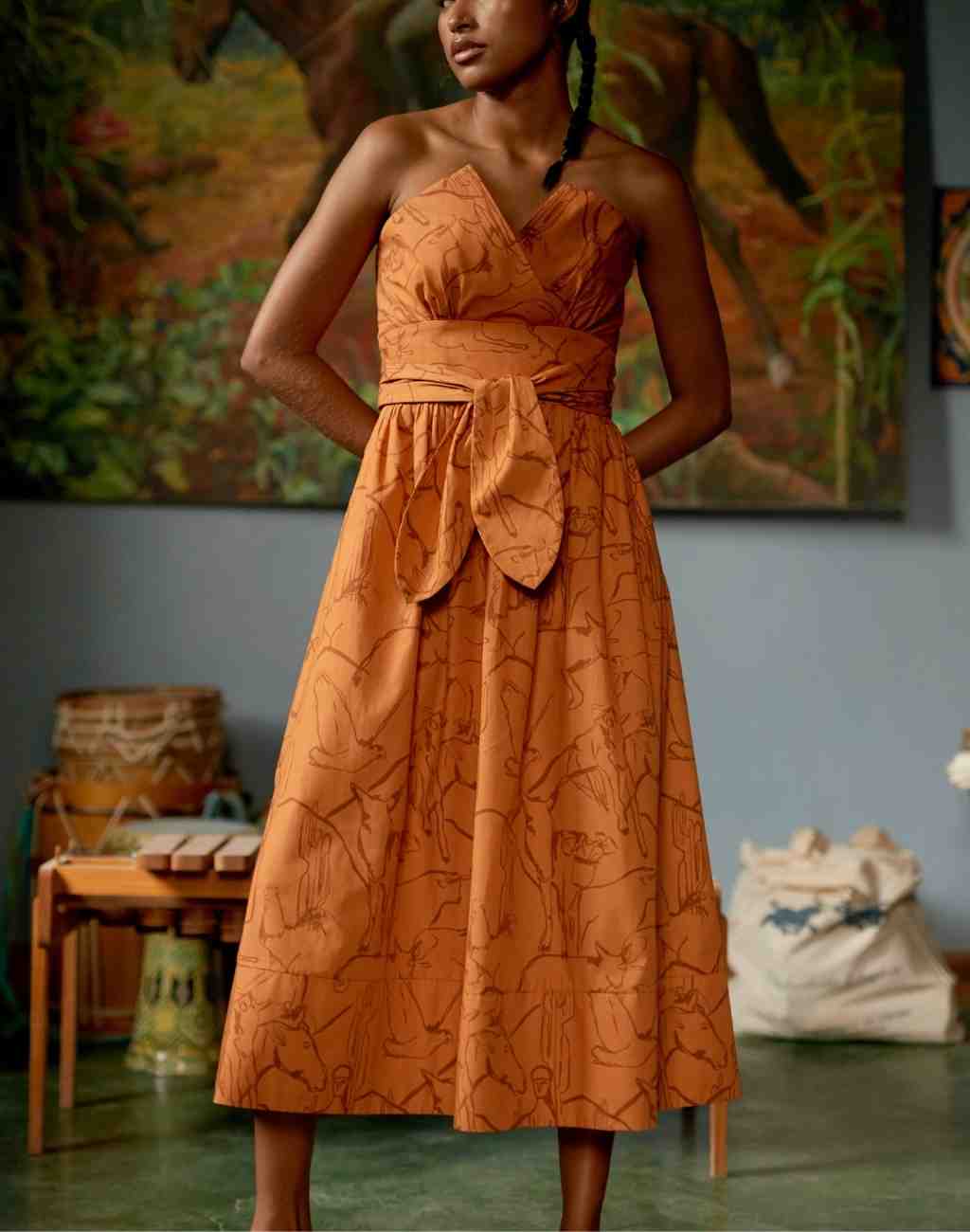 Strapless Charro Midi Dress with Artistic Landscape and Animal Drawing
